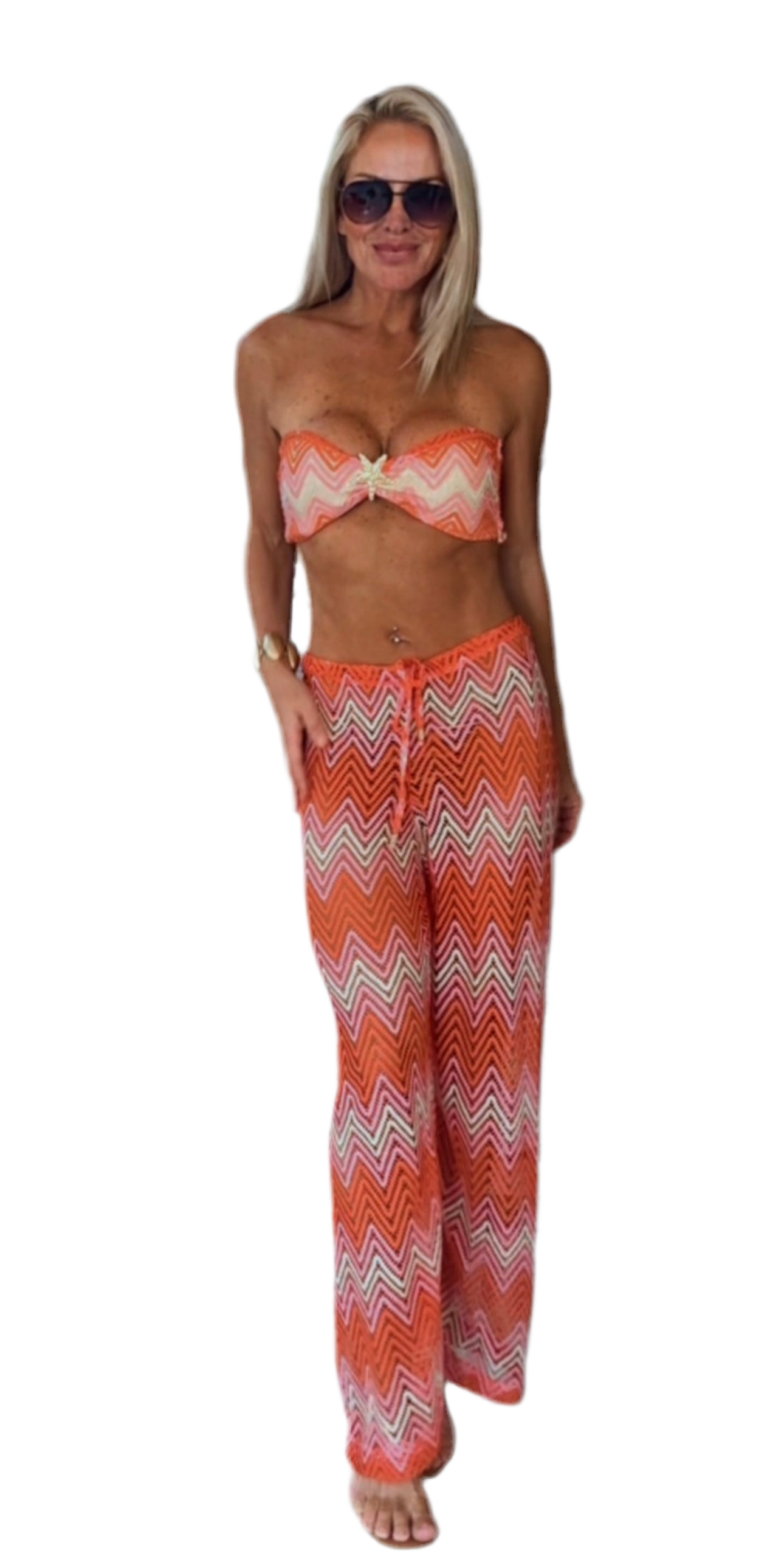Conjunto de calça e top de renda- laranja